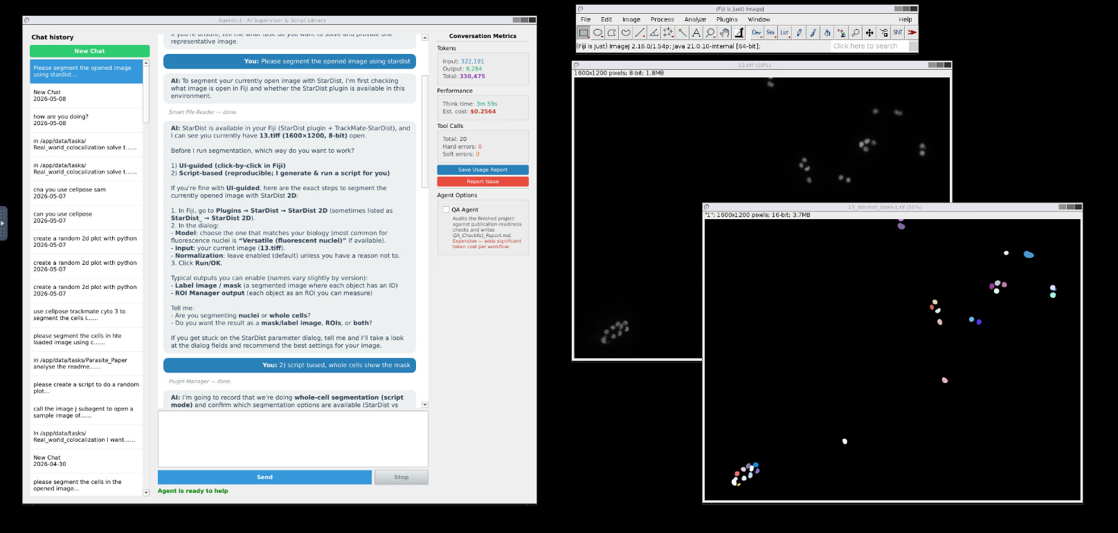 Agentic-J chat panel next to a live Fiji desktop in the browser
